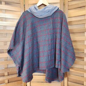 Poncho Cap Sweater Houndstooth Soft Turtleneck Women M Red Gray Black Wool Blend
